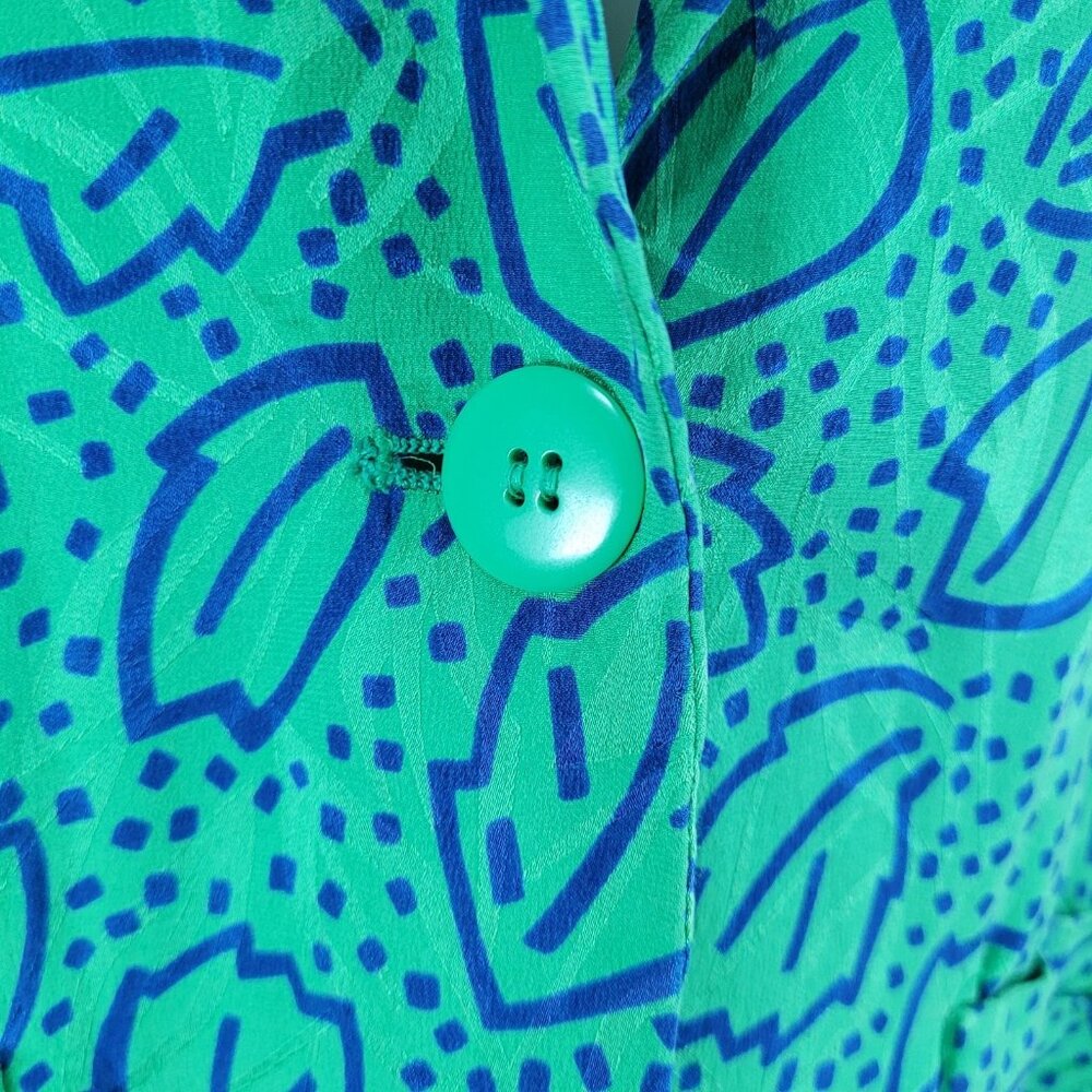 VTG Liz Claiborne Green 100% Silk Leaf Print Unlined Lightweight Jacket Size MP - Picture 9 of 13